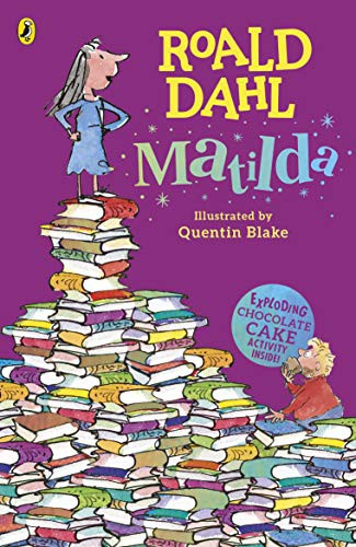 Matilda book cover with Quentin Blake illustration of girl reading