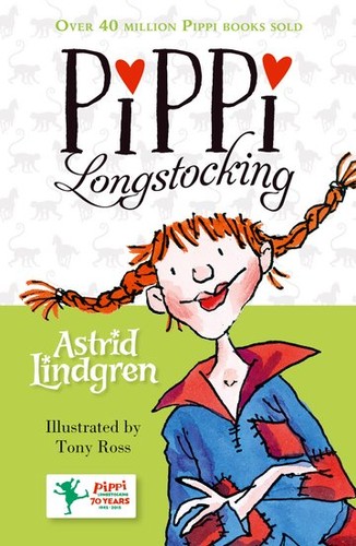 Pippi Longstocking book cover showing Pippi with her red pigtails sticking out