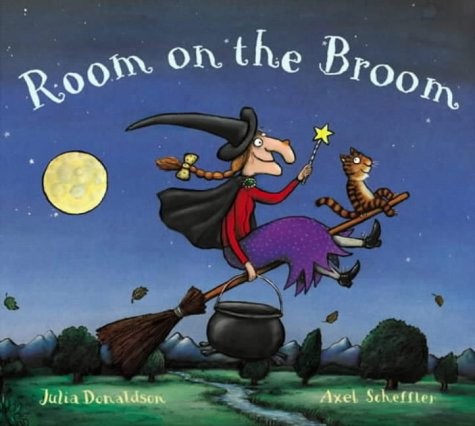 Room on the Broom book cover showing witch on broomstick with animals